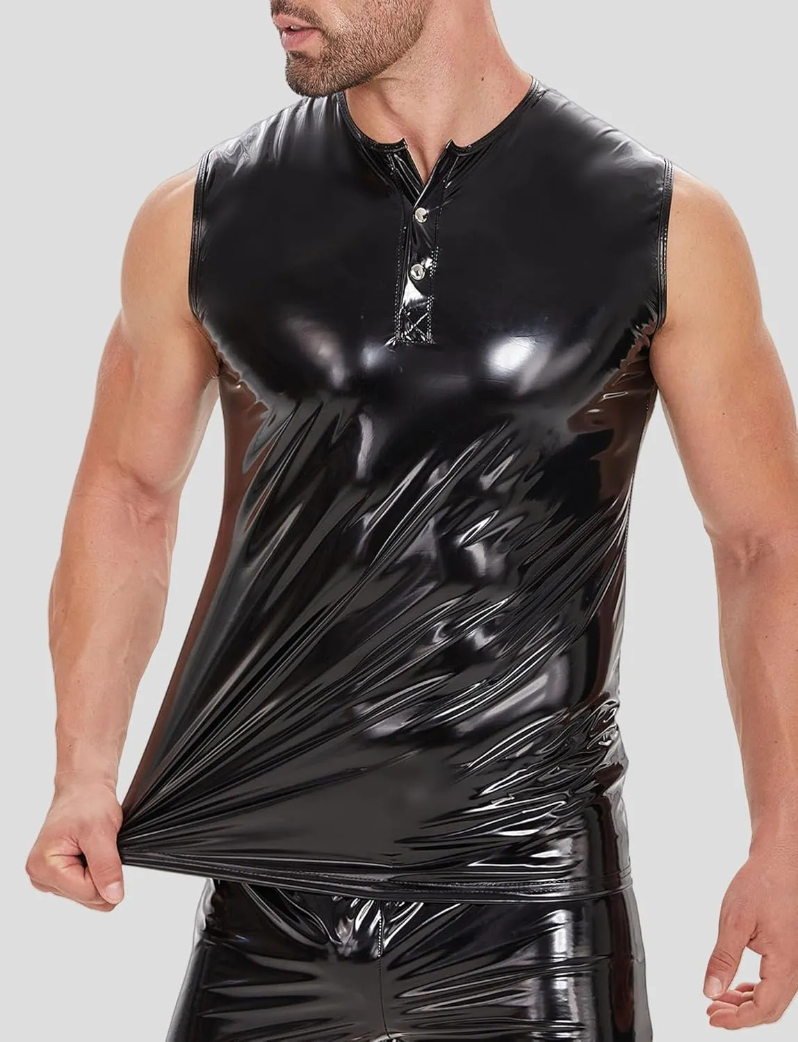 FEOYA Men's Sexy Faux Leather Tank Top PU Wetlook Sleeveless Slim Fit Vest Undershirt Muscle T-Shirt for Party