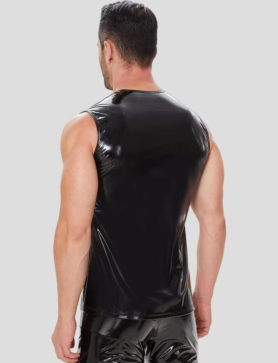 FEOYA Men's Sexy Faux Leather Tank Top PU Wetlook Sleeveless Slim Fit Vest Undershirt Muscle T-Shirt for Party