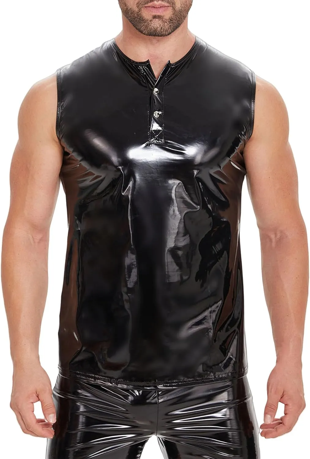 FEOYA Men's Sexy Faux Leather Tank Top PU Wetlook Sleeveless Slim Fit Vest Undershirt Muscle T-Shirt for Party