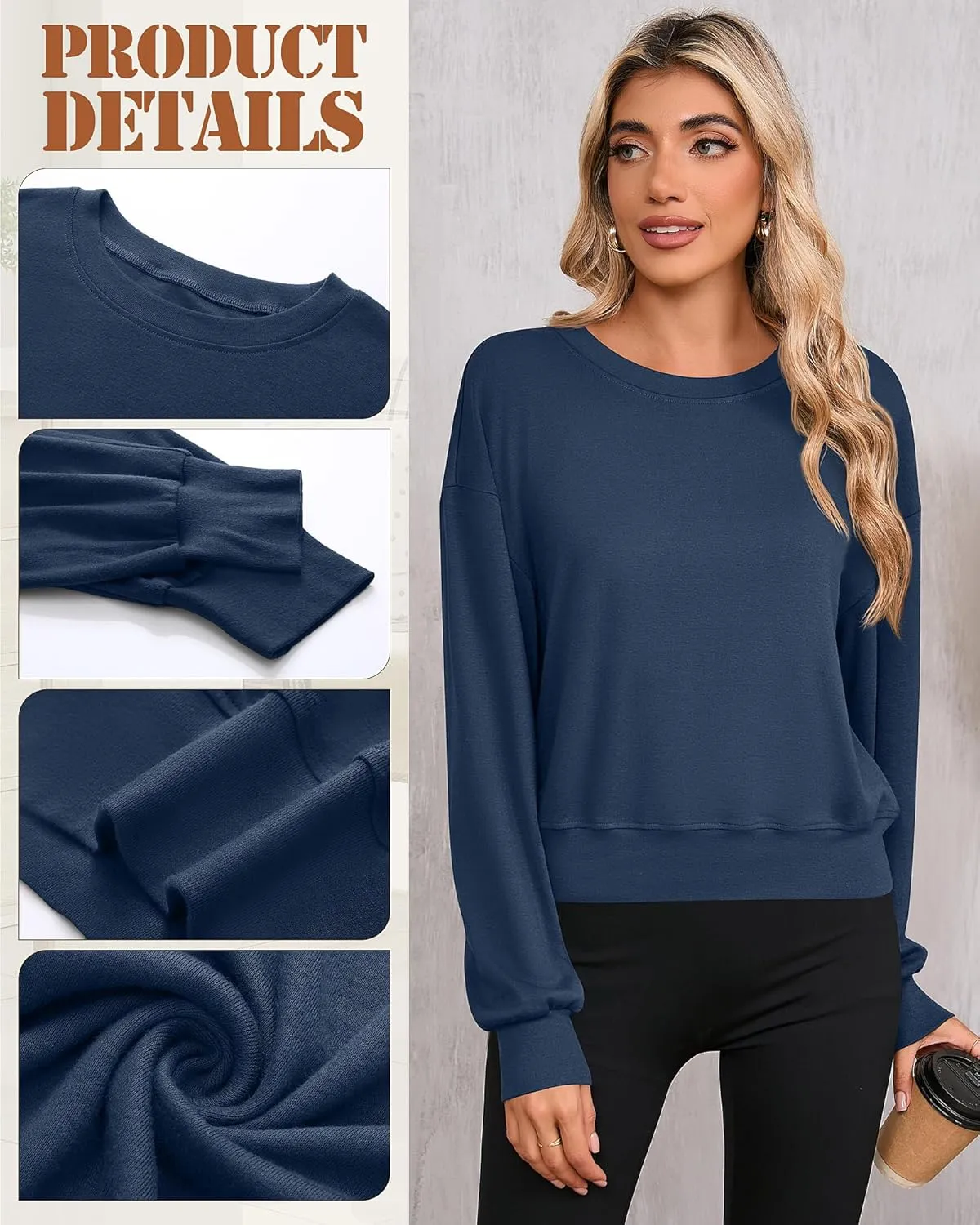 Ficerd 3 Pack Women's Cropped Sweatshirts Long Sleeve Cotton Crew Neck Pullover Tops Casual Solid Sweat Shirts