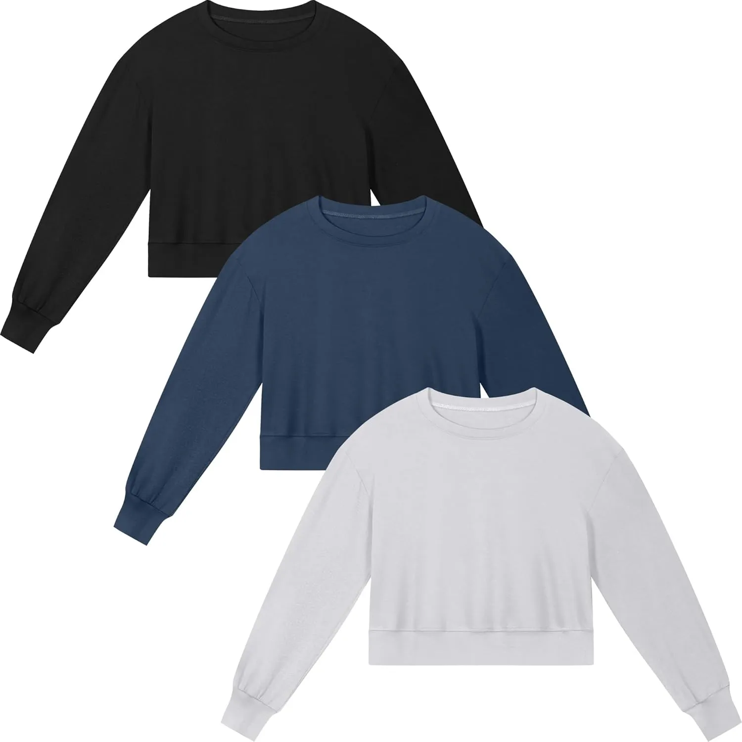 Ficerd 3 Pack Women's Cropped Sweatshirts Long Sleeve Cotton Crew Neck Pullover Tops Casual Solid Sweat Shirts