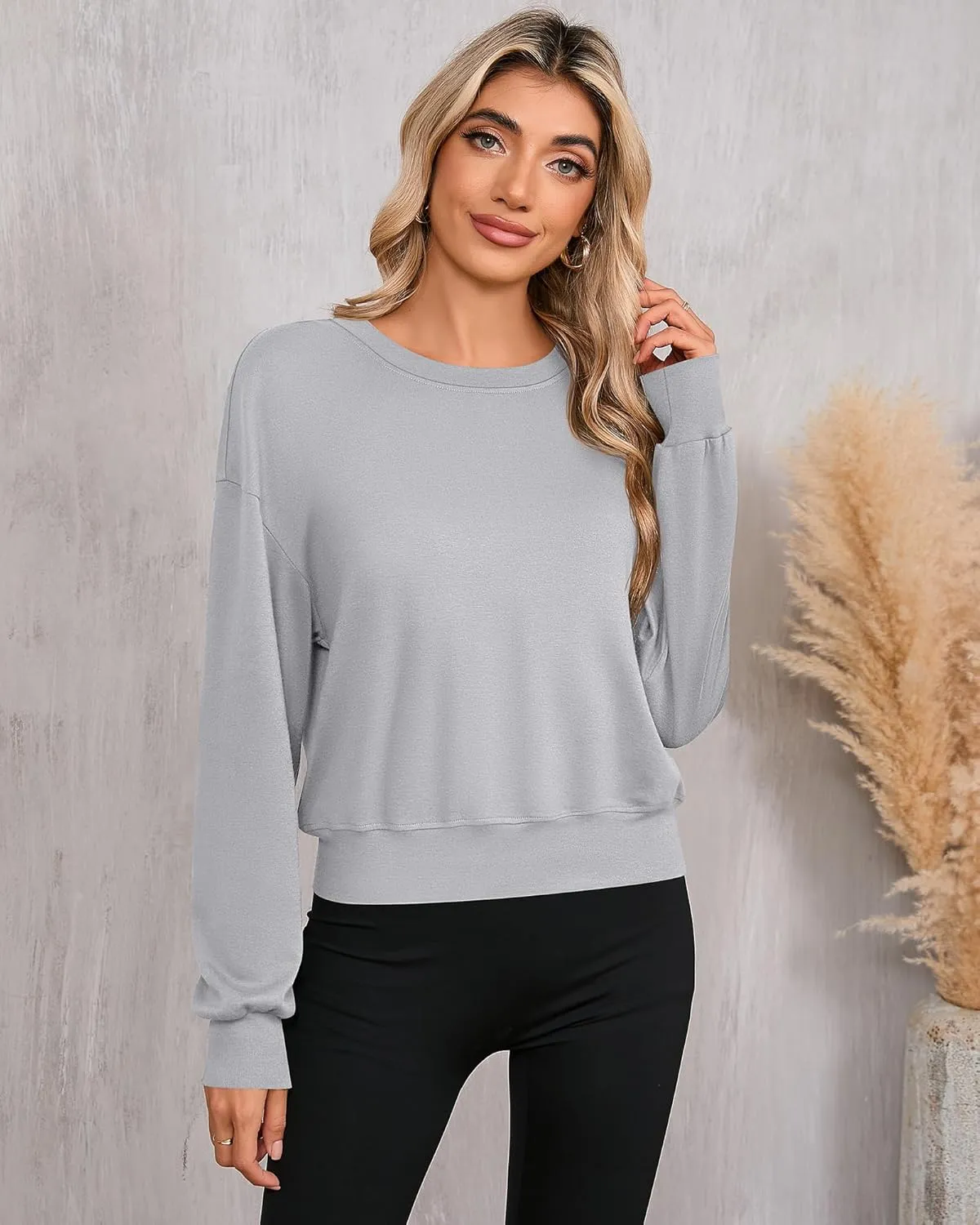 Ficerd 3 Pack Women's Cropped Sweatshirts Long Sleeve Cotton Crew Neck Pullover Tops Casual Solid Sweat Shirts
