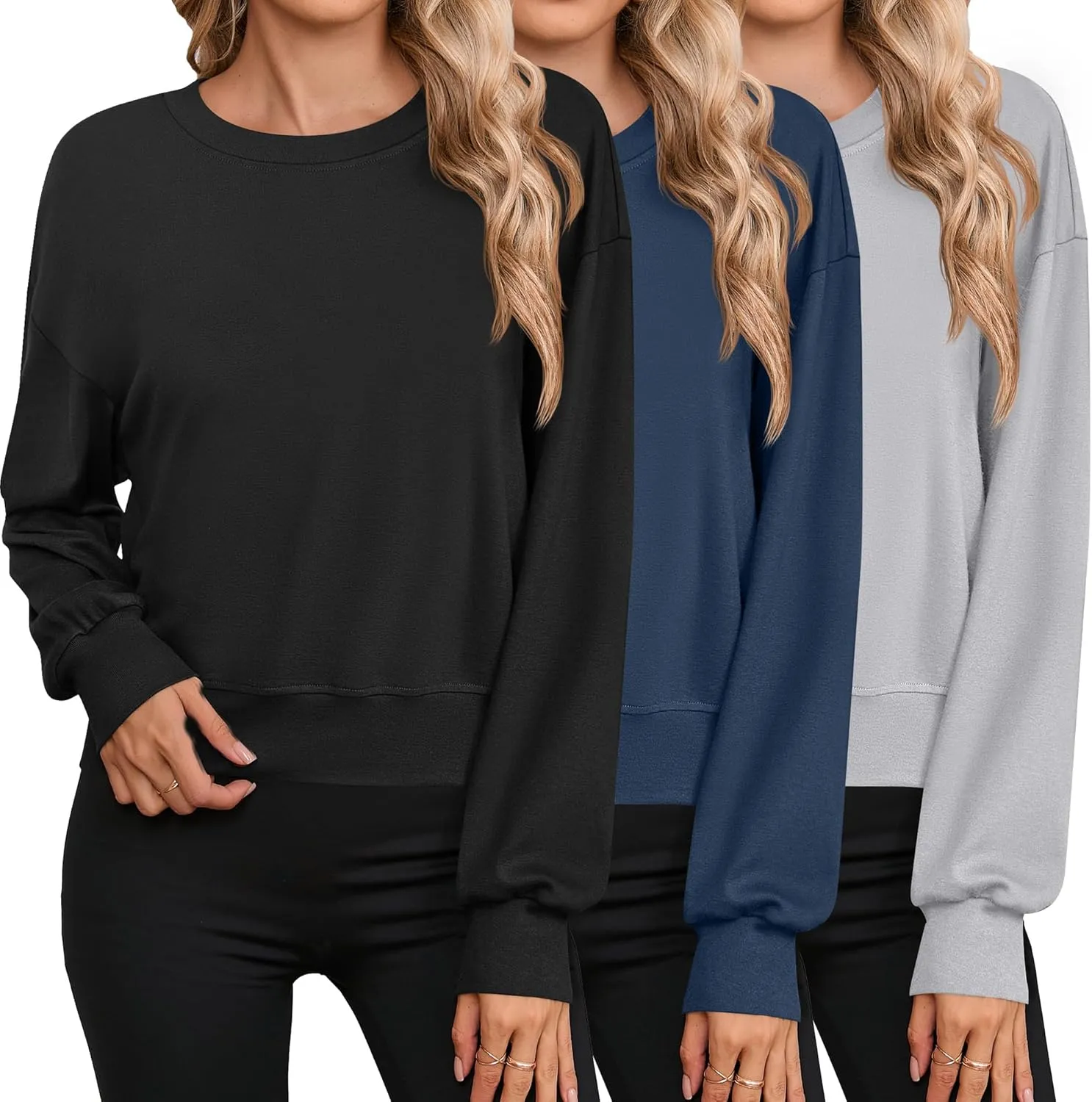 Ficerd 3 Pack Women's Cropped Sweatshirts Long Sleeve Cotton Crew Neck Pullover Tops Casual Solid Sweat Shirts