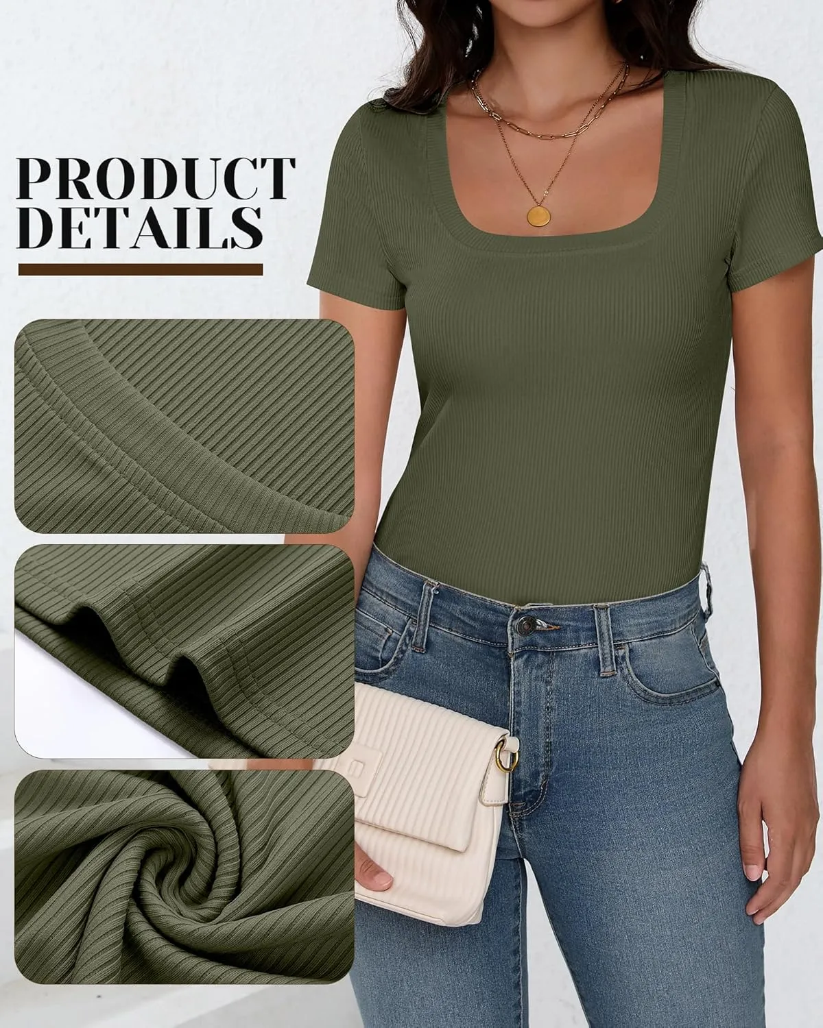 Ficerd 3 Pack Women's Short Sleeve Scooped Neck T Shirts Tops Basic Ribbed Knit Tee Slim Fit Solid Color Shirt