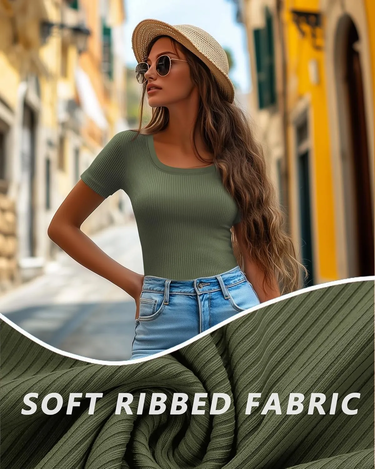 Ficerd 3 Pack Women's Short Sleeve Scooped Neck T Shirts Tops Basic Ribbed Knit Tee Slim Fit Solid Color Shirt