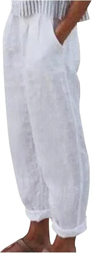 Firzero White Linen Pants Women High Waisted Summer Casual Drawstring Pants 2024 Elastic Waist Straight Wide Leg Trousers with Pocket