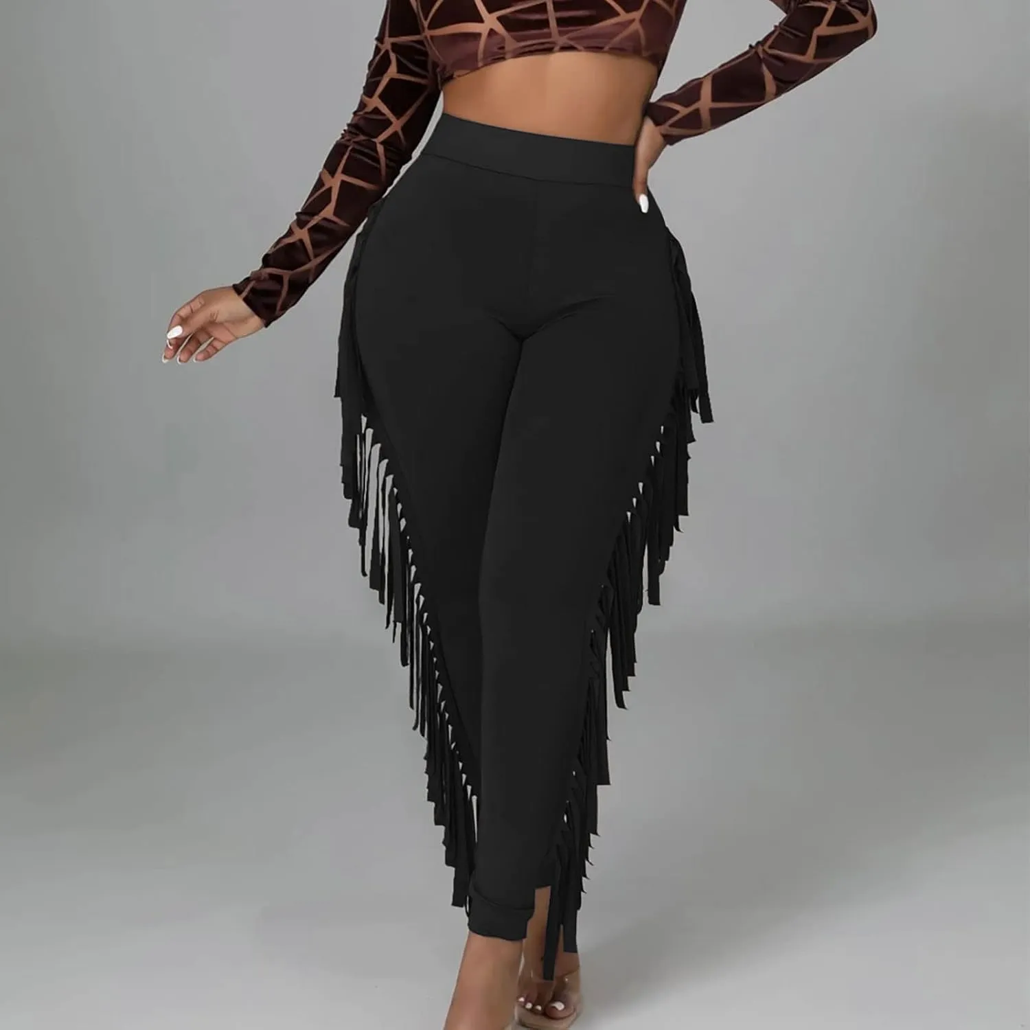 Firzero Women's Fringe Pants Casual High Waist Bodycon Side Tassel Pants Sexy Yoga Pants Long Lounge Jogger