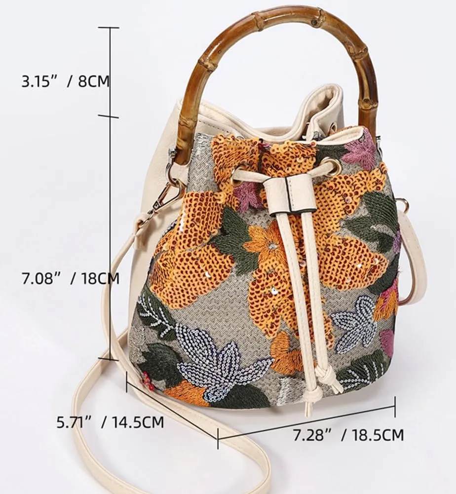 Floral Bucket Bags for Women PU Leather Crossbody Purse Women's Shoulder Handbags Hobo Bag Cute Purses with Adjustable Strap