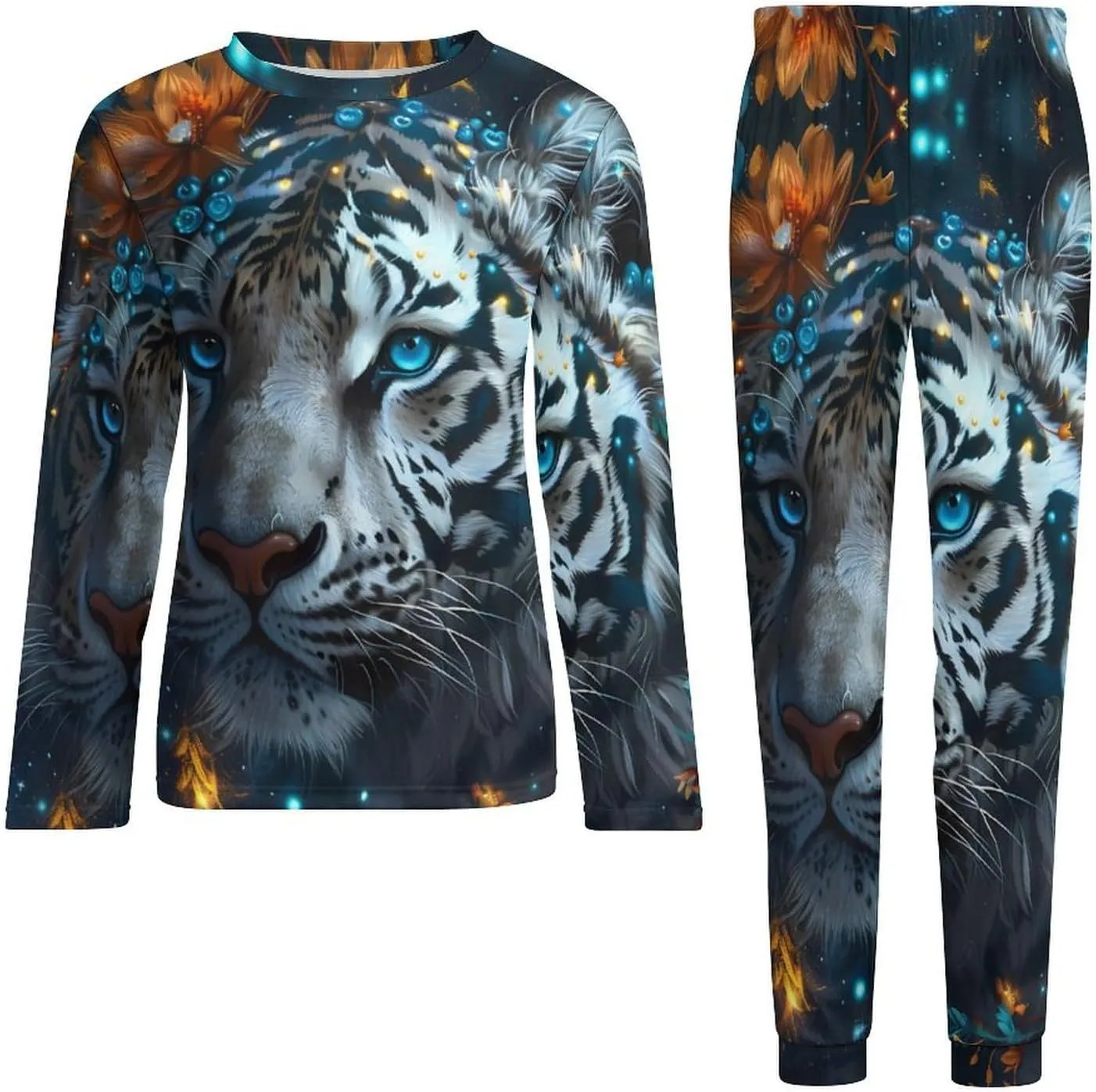 Flower Jungle Tiger Men's Pajama Set Casual Sleepwear Pjs Set Comfy Loungewear Soft Long Sleeve Shirts And Pants
