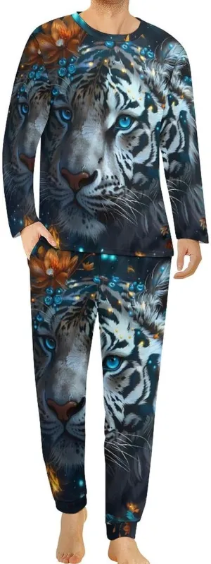 Flower Jungle Tiger Men's Pajama Set Casual Sleepwear Pjs Set Comfy Loungewear Soft Long Sleeve Shirts And Pants