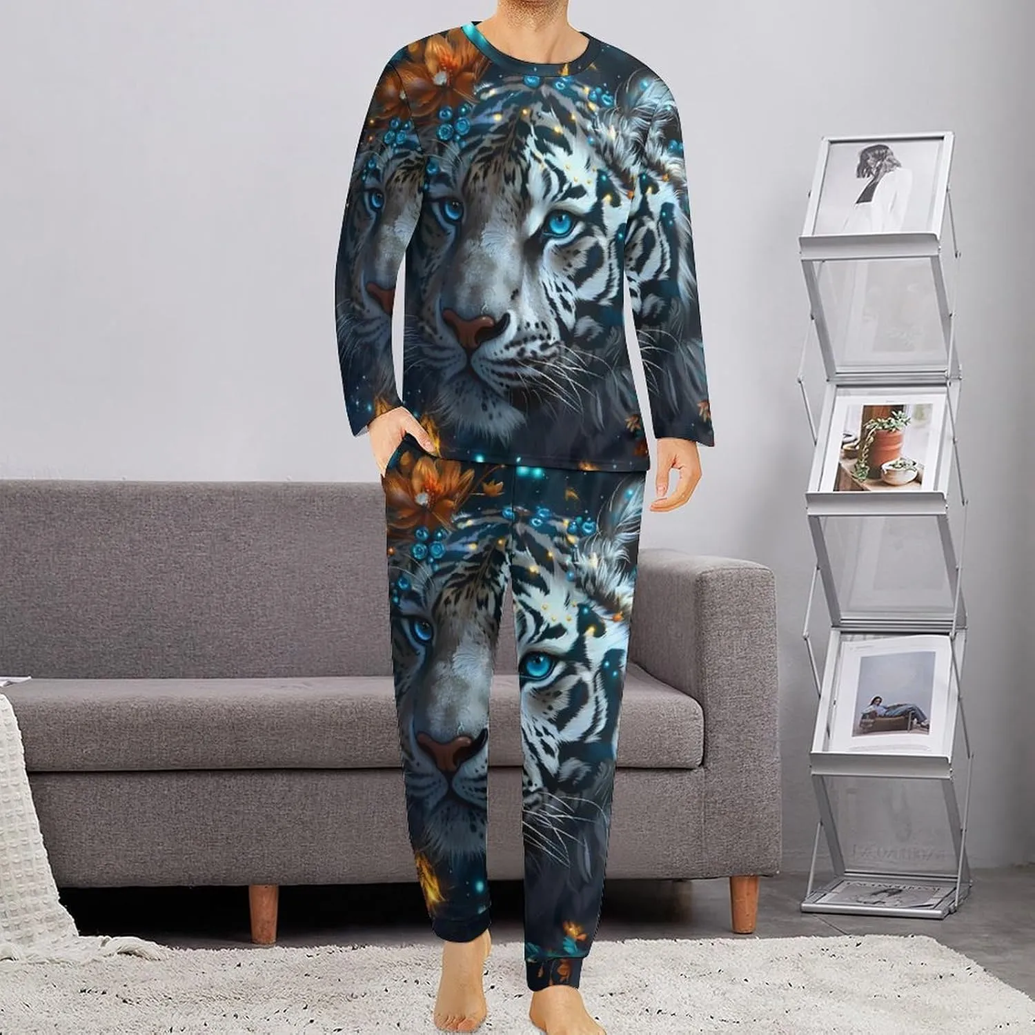 Flower Jungle Tiger Men's Pajama Set Casual Sleepwear Pjs Set Comfy Loungewear Soft Long Sleeve Shirts And Pants