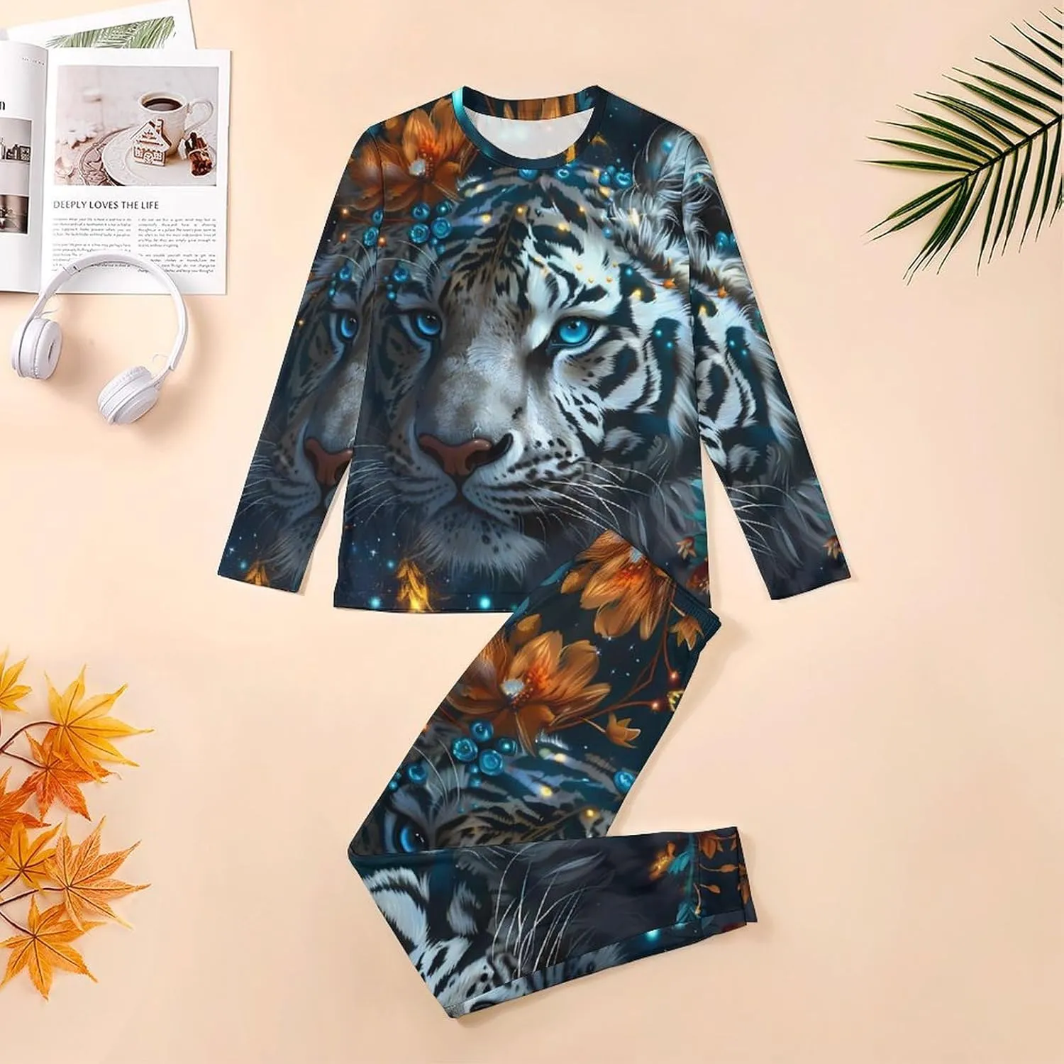 Flower Jungle Tiger Men's Pajama Set Casual Sleepwear Pjs Set Comfy Loungewear Soft Long Sleeve Shirts And Pants