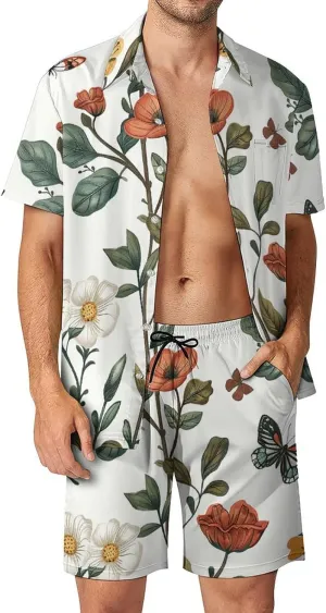 Flowers And Butterflies Mens Swimsuit 2 Pieces Set Quick Dry Shorts Shirts Summer Button Down Short Sleeve Set