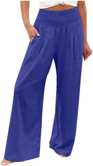 Flowy Linen Beach Pants for Women Wide Leg Pants Loose Baggy Slacks Summer Cotton High Waist Trouser with Pockets