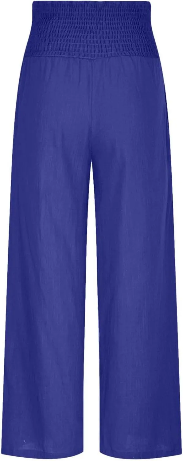 Flowy Linen Beach Pants for Women Wide Leg Pants Loose Baggy Slacks Summer Cotton High Waist Trouser with Pockets