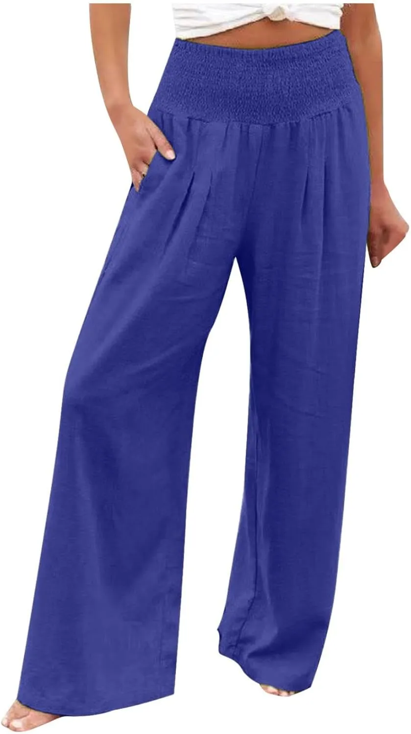 Flowy Linen Beach Pants for Women Wide Leg Pants Loose Baggy Slacks Summer Cotton High Waist Trouser with Pockets