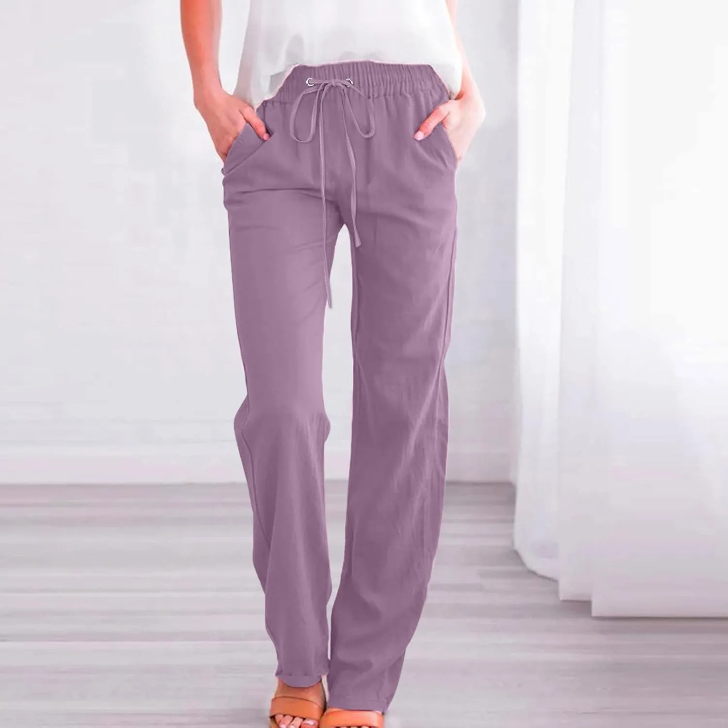 Flowy Linen Pants Women Summer Loose Baggy for Women Pants Palazoo Slacks 2025 Vacation Summer Wide Leg Trousers