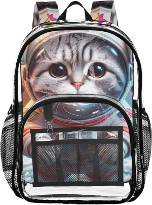 Funny Cat Astronaut Kitten Travel Clear Backpack Floral Girls Backpack for Kids Pvc Transparent Bags School
