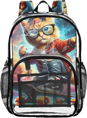 Funny Kitten Sport Cat Clear Backpack for Women Boys Backpacks for Girls Pvc School Plastic Bookbag
