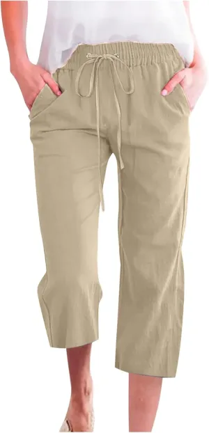 FZYLQY Capri Pants for Womens Casual 2025 Summer Drawstring Elastic High Waist Linen Pants Straight Wide Leg Cropped Trousers