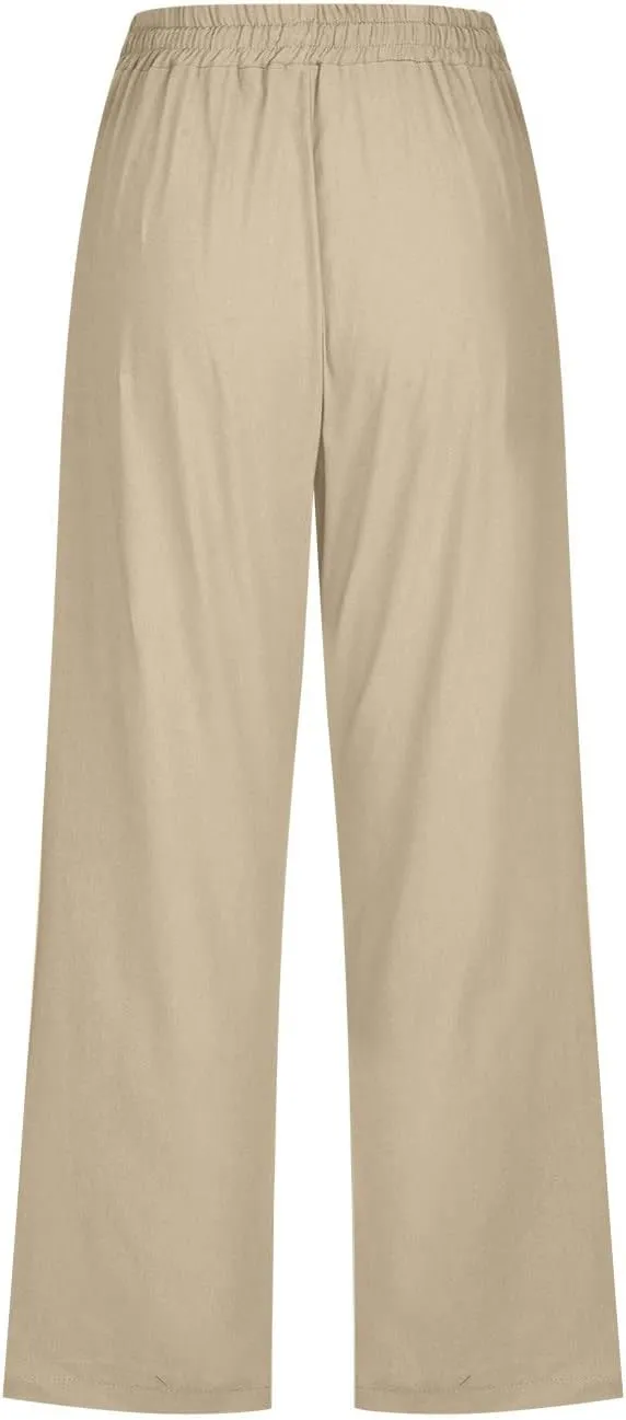FZYLQY Capri Pants for Womens Casual 2025 Summer Drawstring Elastic High Waist Linen Pants Straight Wide Leg Cropped Trousers