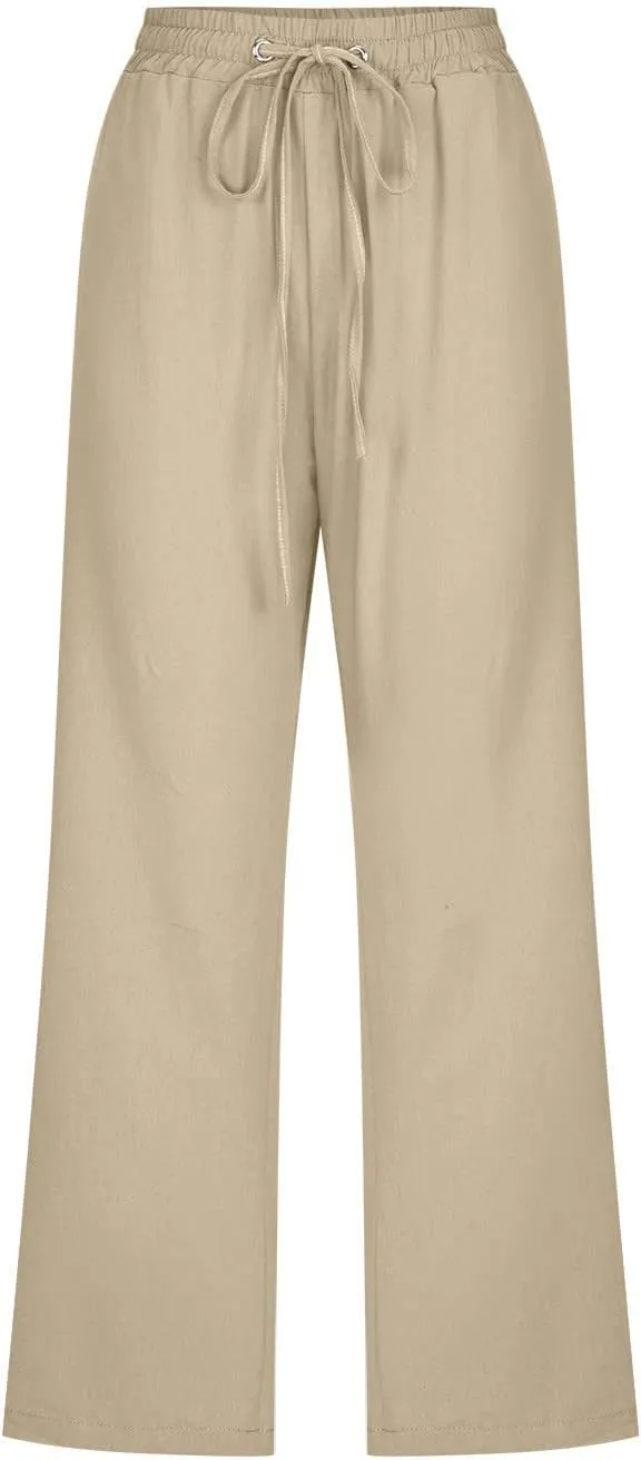 FZYLQY Capri Pants for Womens Casual 2025 Summer Drawstring Elastic High Waist Linen Pants Straight Wide Leg Cropped Trousers