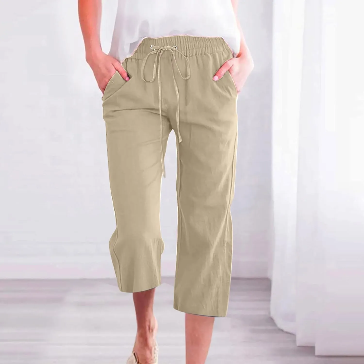 FZYLQY Capri Pants for Womens Casual 2025 Summer Drawstring Elastic High Waist Linen Pants Straight Wide Leg Cropped Trousers