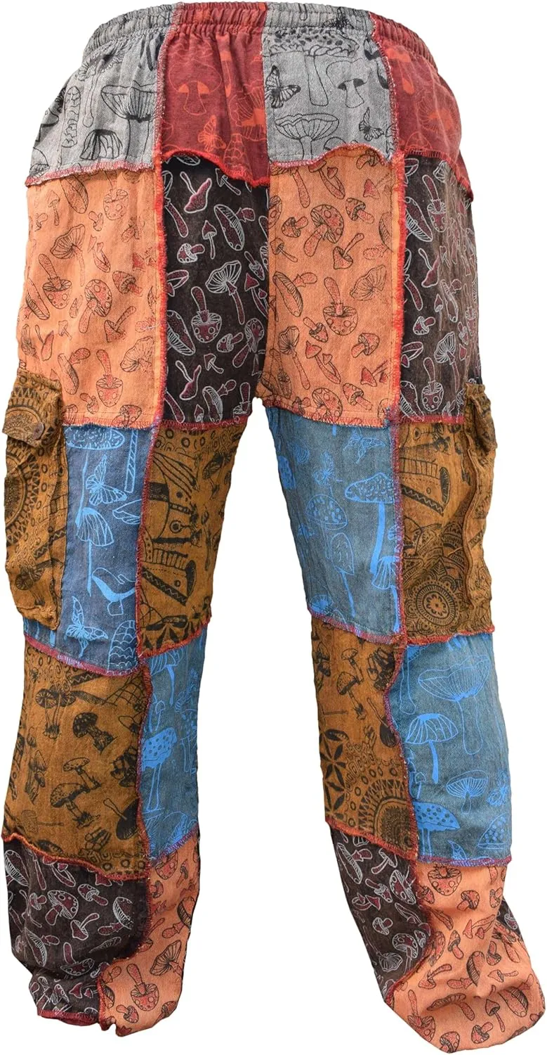 Gheri Men's Patchwork Mushroom Print Cotton Casual Loose Fit Harem Wide Leg Hippy Pants