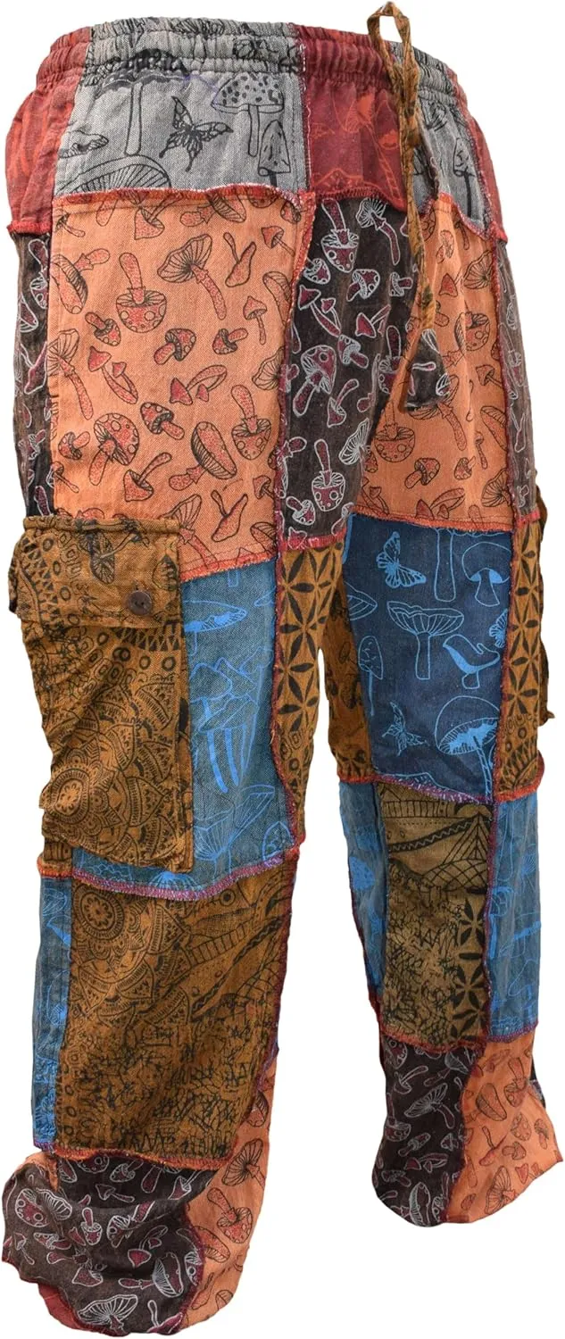 Gheri Men's Patchwork Mushroom Print Cotton Casual Loose Fit Harem Wide Leg Hippy Pants