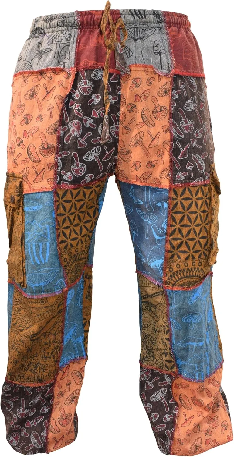 Gheri Men's Patchwork Mushroom Print Cotton Casual Loose Fit Harem Wide Leg Hippy Pants