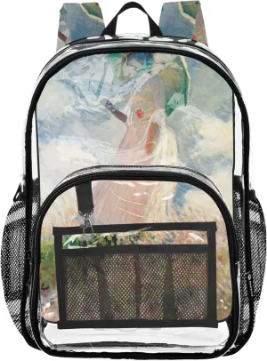 Girls Backpack for Kids Claude Monet Parasol Women Painting Travel Clear Bags for Women Plastic See through Bookbag