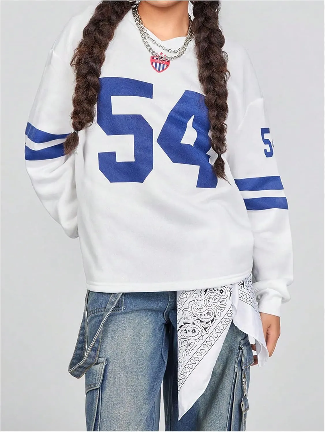 Girl's Jersey Shirts Fleece Number Print Football Sweatshirt V Neck Oversized Shirt Long Sleeve Baggy Pullover Tops
