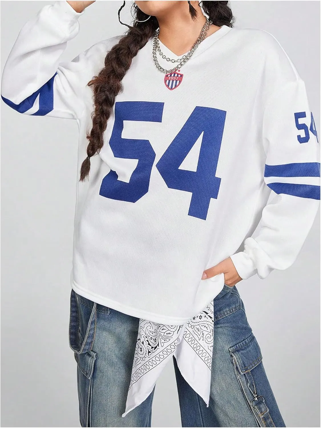 Girl's Jersey Shirts Fleece Number Print Football Sweatshirt V Neck Oversized Shirt Long Sleeve Baggy Pullover Tops