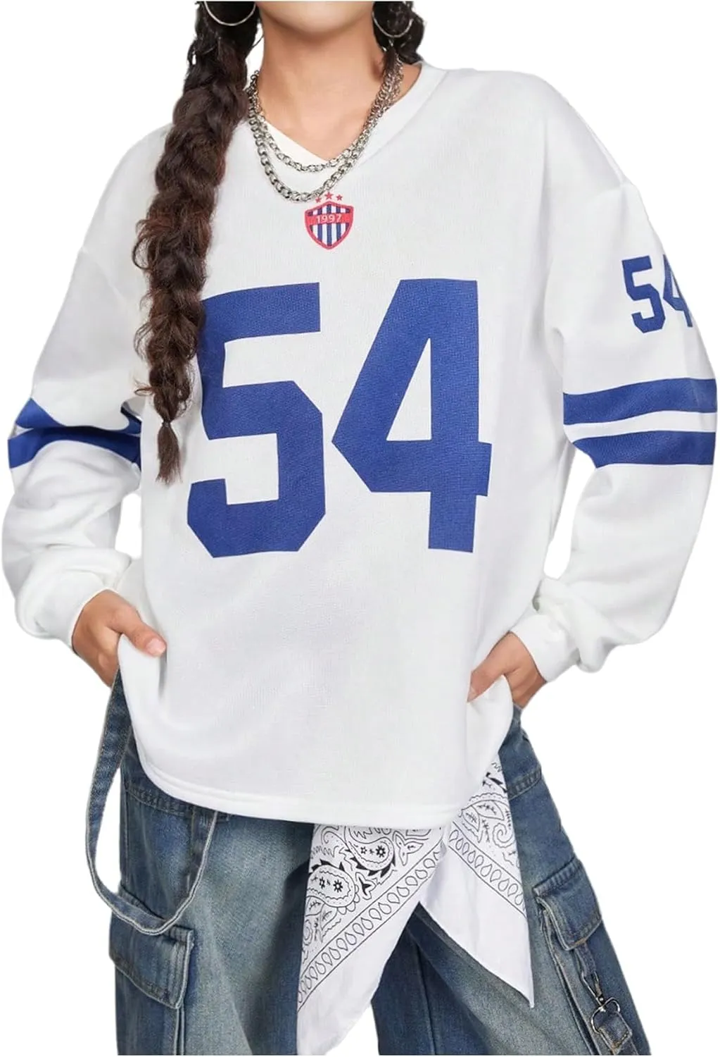 Girl's Jersey Shirts Fleece Number Print Football Sweatshirt V Neck Oversized Shirt Long Sleeve Baggy Pullover Tops