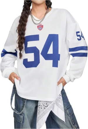 Girl's Jersey Shirts Fleece Number Print Football Sweatshirt V Neck Oversized Shirt Long Sleeve Baggy Pullover Tops