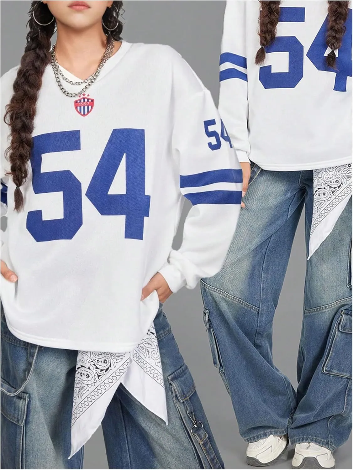 Girl's Jersey Shirts Fleece Number Print Football Sweatshirt V Neck Oversized Shirt Long Sleeve Baggy Pullover Tops