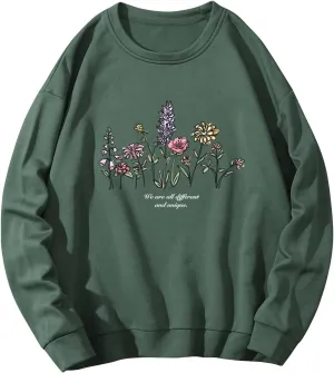 GORGLITTER Women's Letter Graphic Print Drop Shoulder Sweatshirts Long Sleeve Crew Neck Pullover Tops