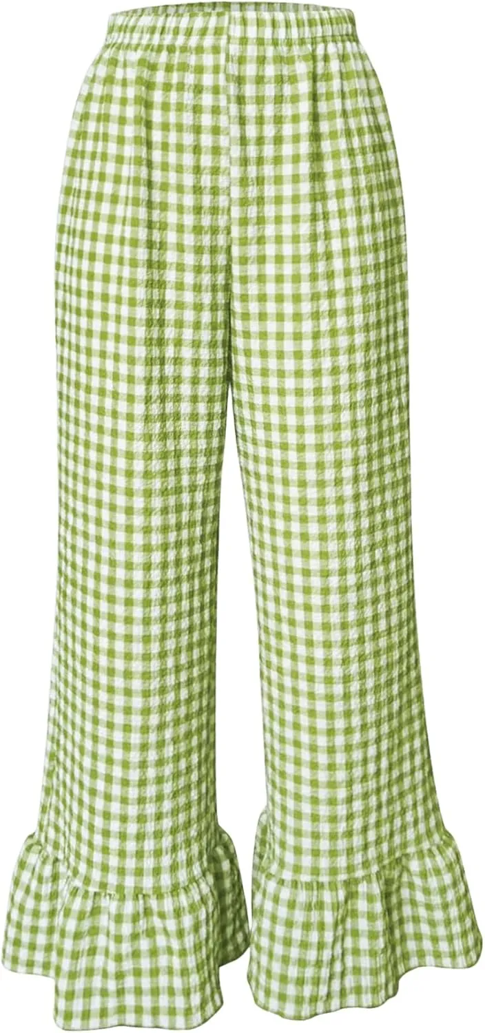 GORGLITTER Women's Y2K Gingham Cute Summer Pants Wide Leg Ruffle Going Out Vacation Trousers