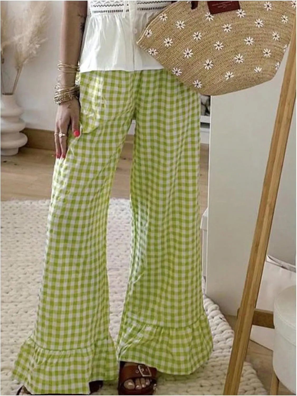GORGLITTER Women's Y2K Gingham Cute Summer Pants Wide Leg Ruffle Going Out Vacation Trousers