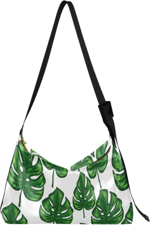 Green Banana Leaf Hobo Leather Purses for Women Women's Large Purse Soft Leaf Print Single Shoulder Purses