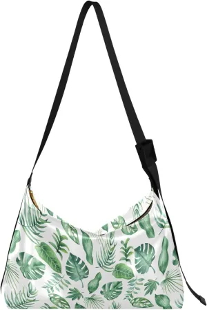 Green Banana Leaf Leather Hobo Bags for Women Large Men Purses Cute Leaf Print Shoulder Handbag