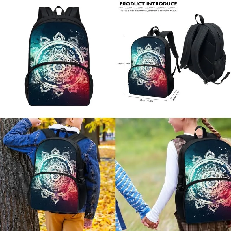 Green Red Mandala Floral School Backpack Kids Gradient Color Art Bohemia Bookbag Set Tribal Ethnic Baja Lotus Lunch Bag Pencil Case Elementary Supplies Boys Girls