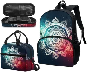 Green Red Mandala Floral School Backpack Kids Gradient Color Art Bohemia Bookbag Set Tribal Ethnic Baja Lotus Lunch Bag Pencil Case Elementary Supplies Boys Girls