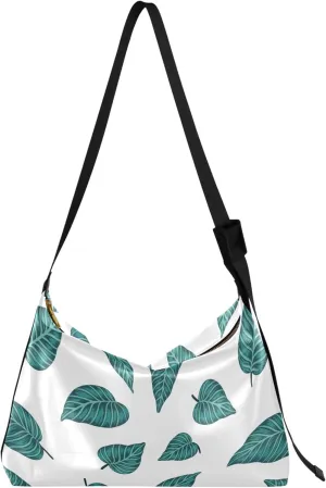 Green Tropical Leaves Hobo Ladies Handbags Leather Large Men Purses Designer Leaf Print Designer Shoulder Handbag