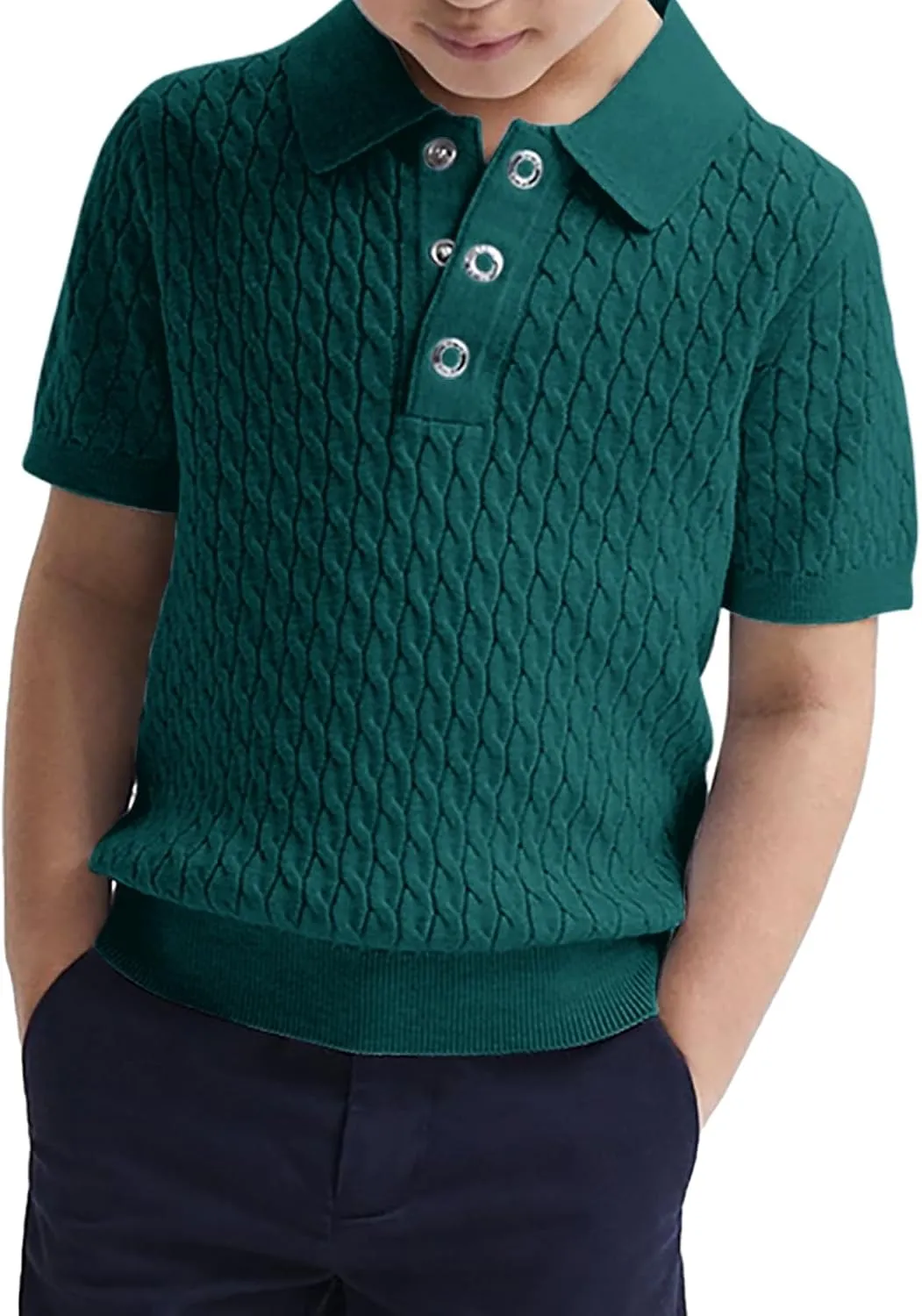 Haloumoning Boys Cable Knit Polo Shirt Kids Short Sleeve Sweater Fashion Pullover Tops Clothes 5-14 Years
