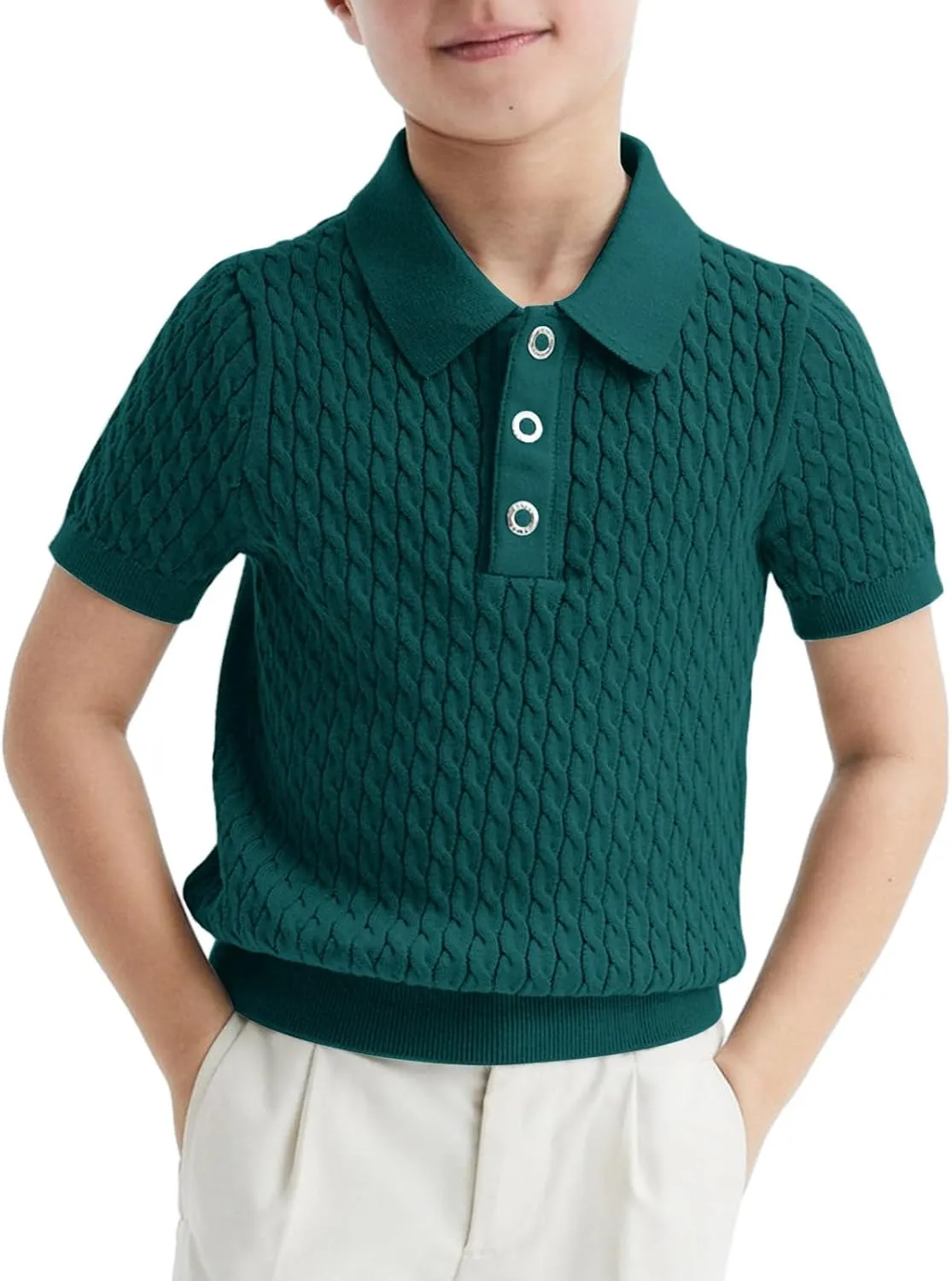 Haloumoning Boys Cable Knit Polo Shirt Kids Short Sleeve Sweater Fashion Pullover Tops Clothes 5-14 Years
