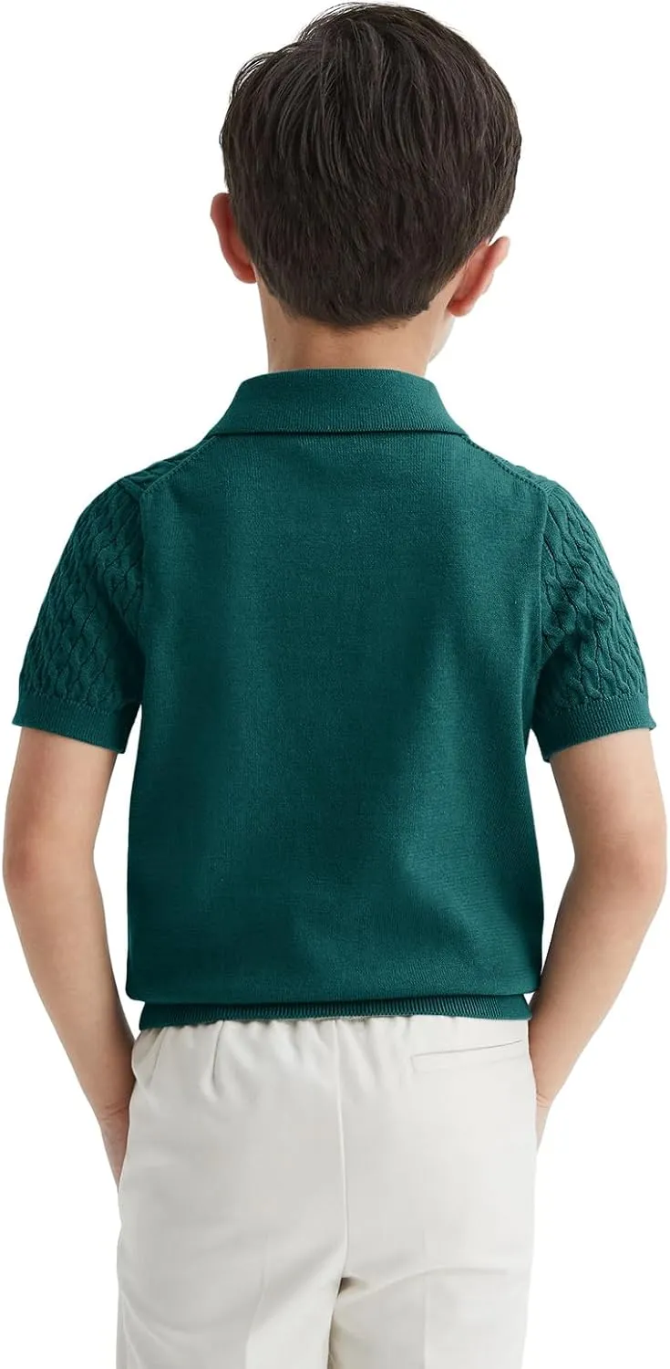 Haloumoning Boys Cable Knit Polo Shirt Kids Short Sleeve Sweater Fashion Pullover Tops Clothes 5-14 Years