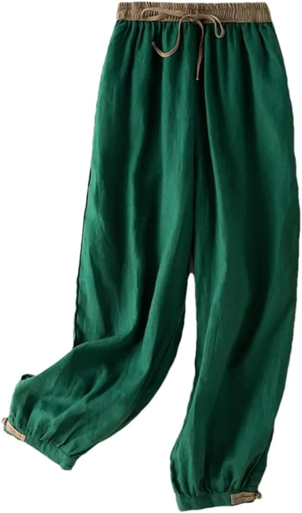 Hdhdeueh Women's Cotton and Linen Wide Leg Pants Solid Color Stretch High Waist Belted Harem Pants