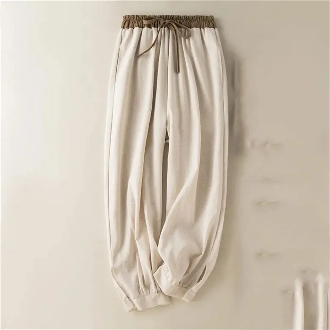 Hdhdeueh Women's Cotton and Linen Wide Leg Pants Solid Color Stretch High Waist Belted Harem Pants