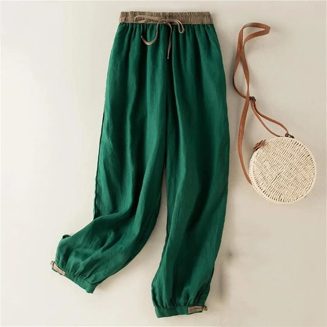 Hdhdeueh Women's Cotton and Linen Wide Leg Pants Solid Color Stretch High Waist Belted Harem Pants